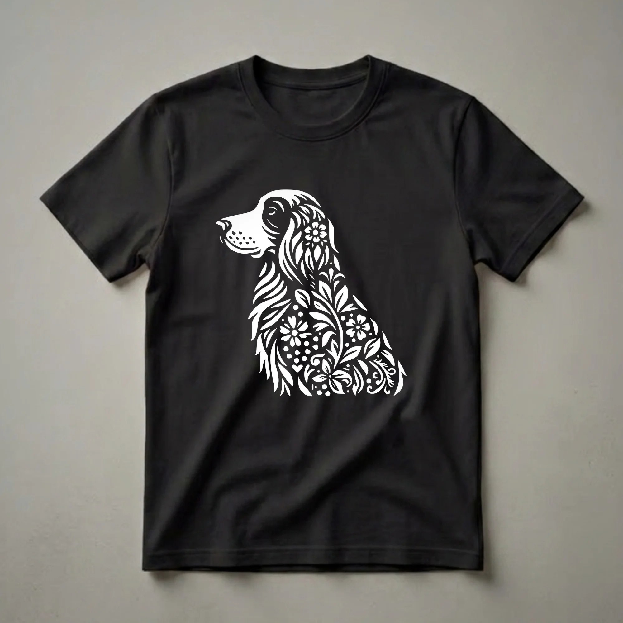 White floral English Setter dog graphic on a black t-shirt, showcasing intricate flower and leaf patterns within the dog's silhouette.
