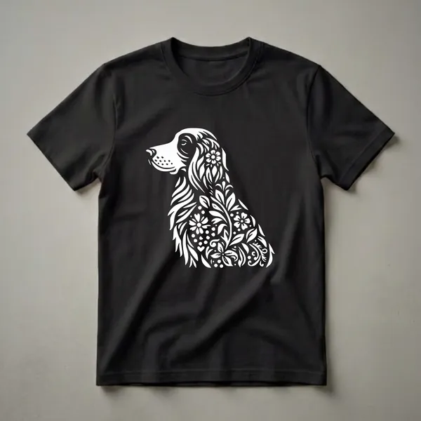 White floral English Setter dog graphic on a black t-shirt, showcasing intricate flower and leaf patterns within the dog's silhouette.