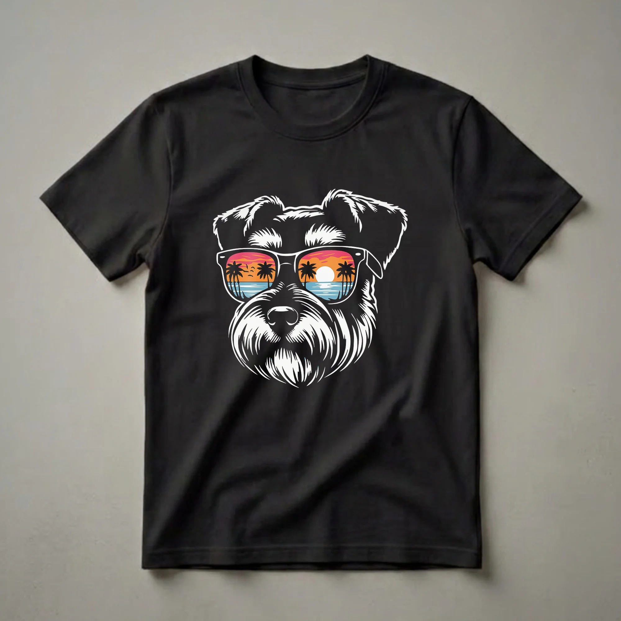 White line art illustration of a Miniature Schnauzer wearing sunglasses with a colorful sunset beach scene reflected in the lenses, on a black background.