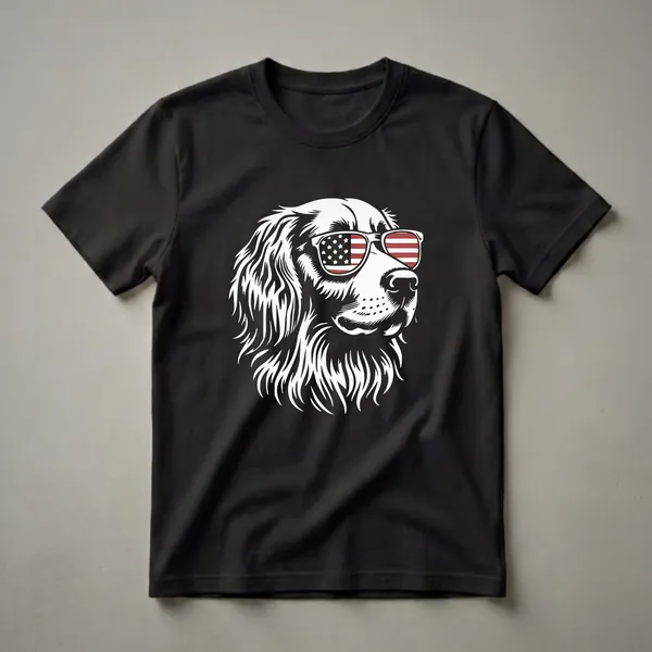 White line art English Setter dog wearing sunglasses with American flag pattern, on a black background.