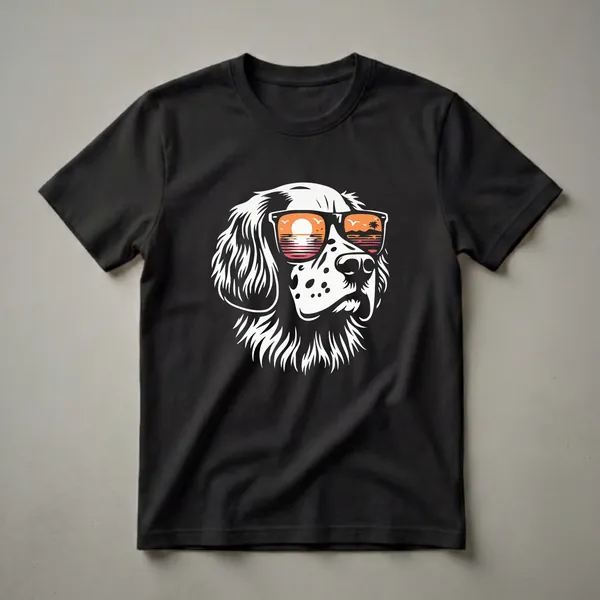 White and black graphic of an English Setter dog wearing black sunglasses that reflect a colorful sunset over the ocean with palm trees and birds.