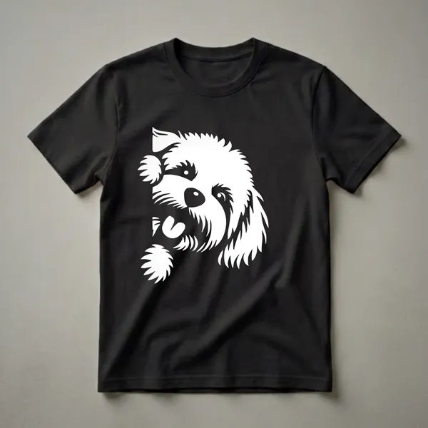 White graphic of a peeking Maltipoo dog face with its tongue out, on a black t-shirt.