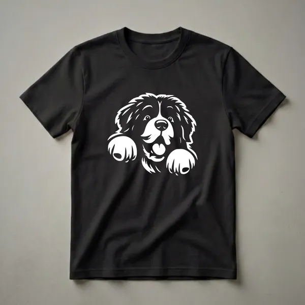 White graphic of a black and white Newfoundland dog peeking with its paws visible, against a black background.