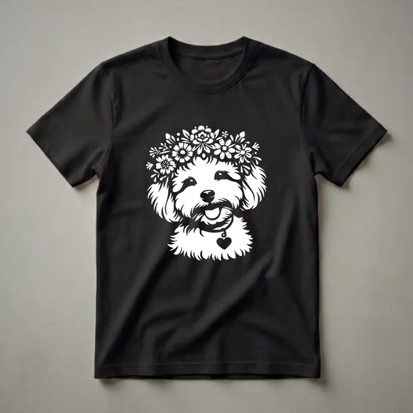 White graphic of a Maltipoo dog wearing a floral crown and a heart tag on its collar, on a black t-shirt.