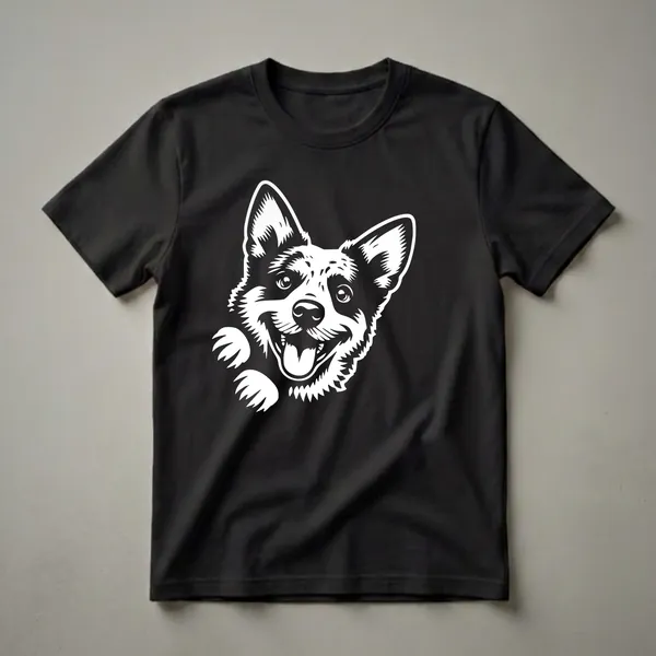 White graphic of a happy peeking Australian Cattle Dog face with tongue out, on a black t-shirt.