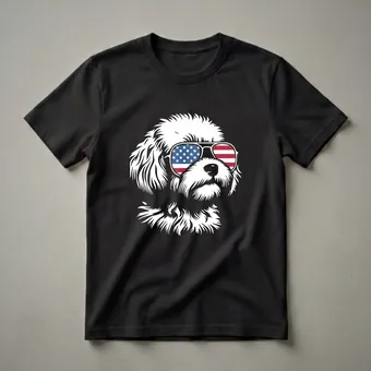 American Flag Maltipoo Dog With Sunglasses Graphic Tee