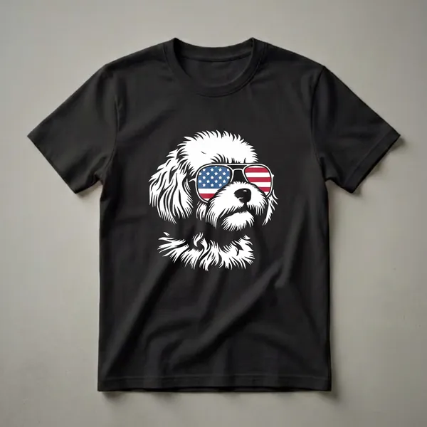 White graphic of a Maltipoo dog wearing aviator sunglasses with the American flag design, on a black background.