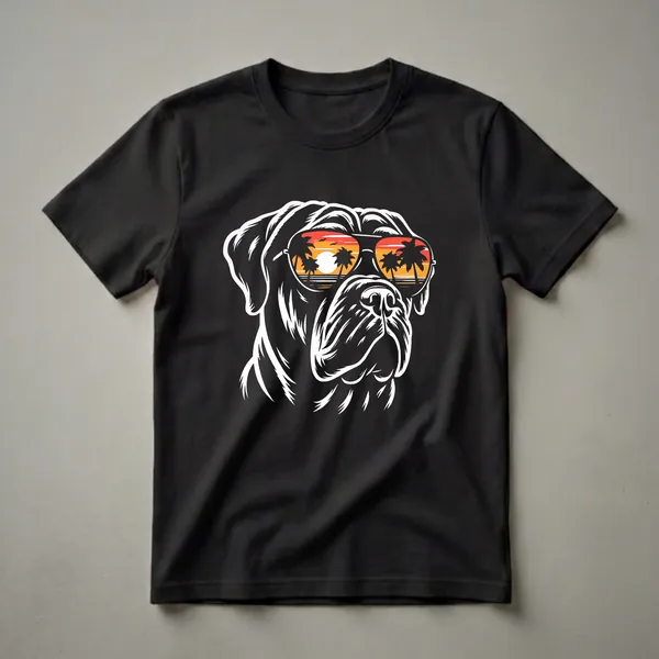 Black t-shirt featuring a white graphic of a Cane Corso dog wearing aviator sunglasses that reflect a tropical sunset with palm trees and ocean.