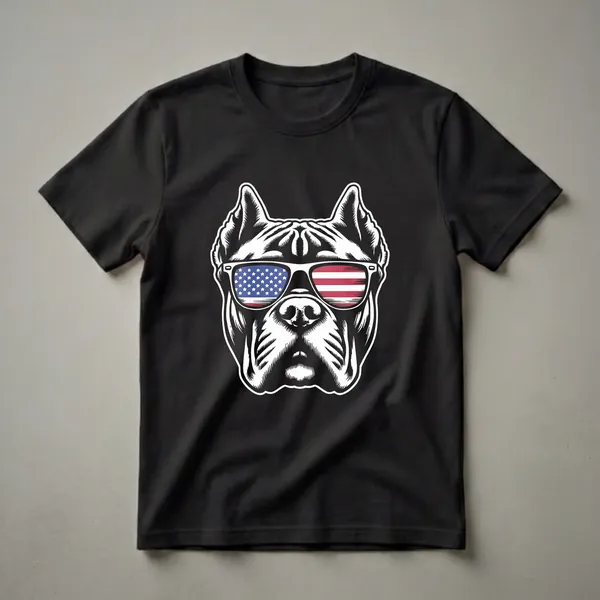 Black and white graphic t-shirt featuring the head of a Cane Corso dog wearing sunglasses with the American flag design on the lenses.