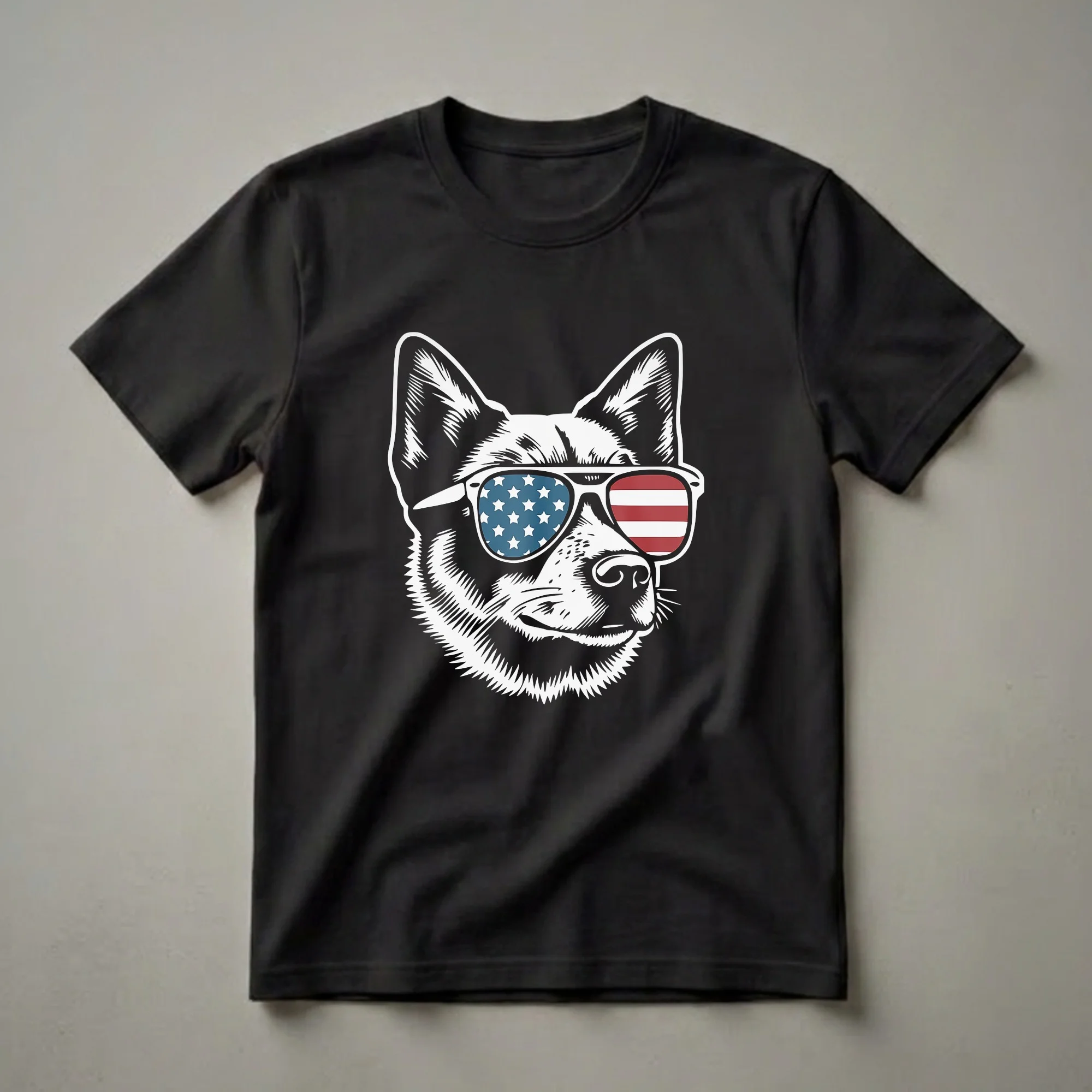 Black and white graphic of an Australian Cattle Dog wearing sunglasses with the American flag design on the lenses, set against a black background.