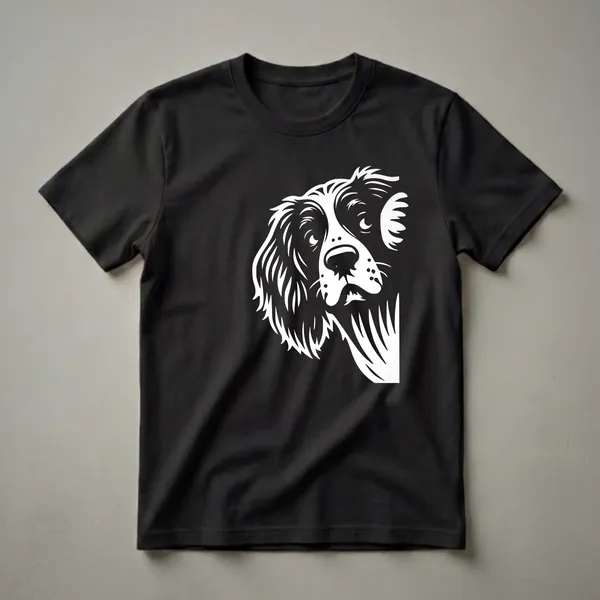 White graphic of an English Springer Spaniel's face peeking from the right side on a black t-shirt.