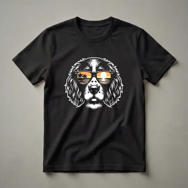 Black and white graphic t-shirt featuring the head of an English Springer Spaniel wearing sunglasses that reflect a tropical sunset beach scene with palm trees.