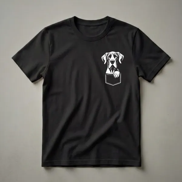 Black t-shirt with a white graphic of a Great Dane's head and paw peeking out of a faux pocket.