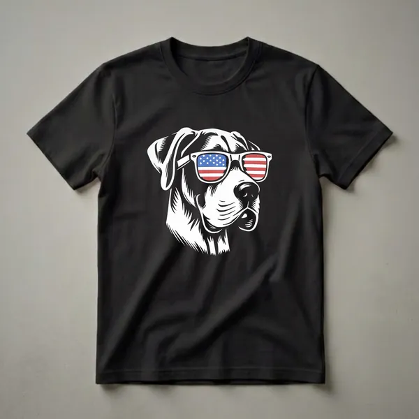 Black and white graphic t-shirt featuring the head of a Great Dane dog wearing sunglasses with the American flag design on the lenses.