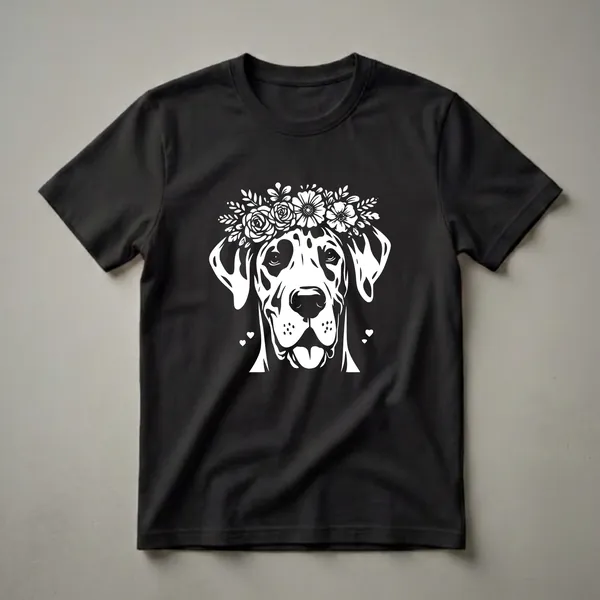 White graphic of a Great Dane dog wearing a floral crown and small hearts, on a black background.