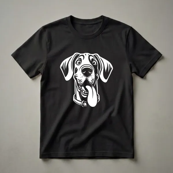 White graphic of a Great Dane's face with its tongue hanging out, wearing a collar, on a black shirt.