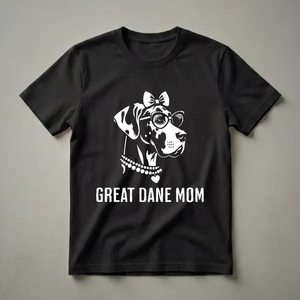 White graphic of a Great Dane wearing glasses, a bow, and a pearl necklace, with the text 'GREAT DANE MOM' below, on a black shirt.