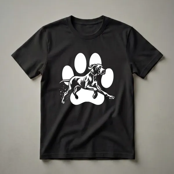 Black t-shirt with a white graphic of a Great Dane running inside a large paw print, with small white dots trailing behind the dog's legs.