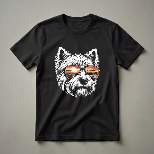 White West Highland White Terrier dog wearing black sunglasses with a colorful sunset reflection in the lenses, depicted in a graphic style on a black background.