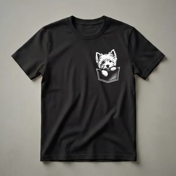 Black t-shirt featuring a white graphic illustration of a West Highland White Terrier dog peeking out of a black pocket.