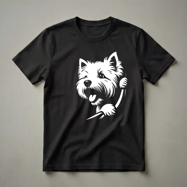 White graphic of a West Highland White Terrier dog wearing headphones, with its tongue out, on a black t-shirt.