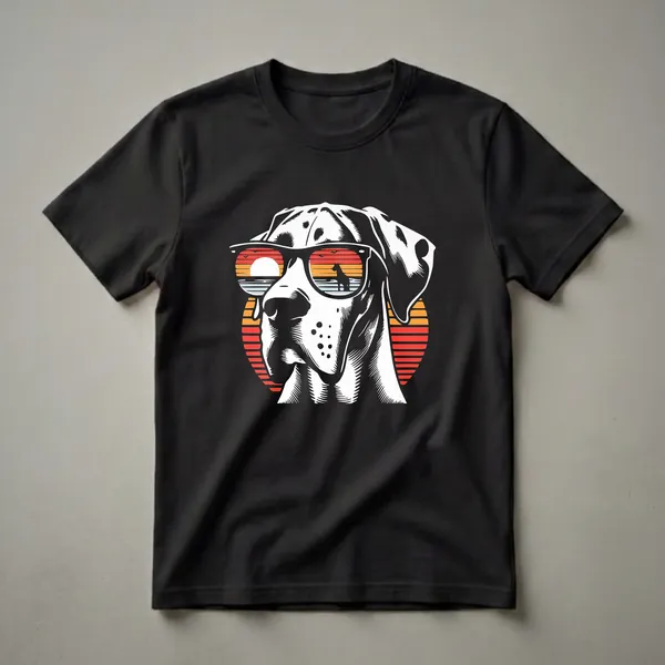 Black t-shirt featuring a white Great Dane wearing sunglasses with a retro sunset scene reflected in the lenses, including a horse silhouette.