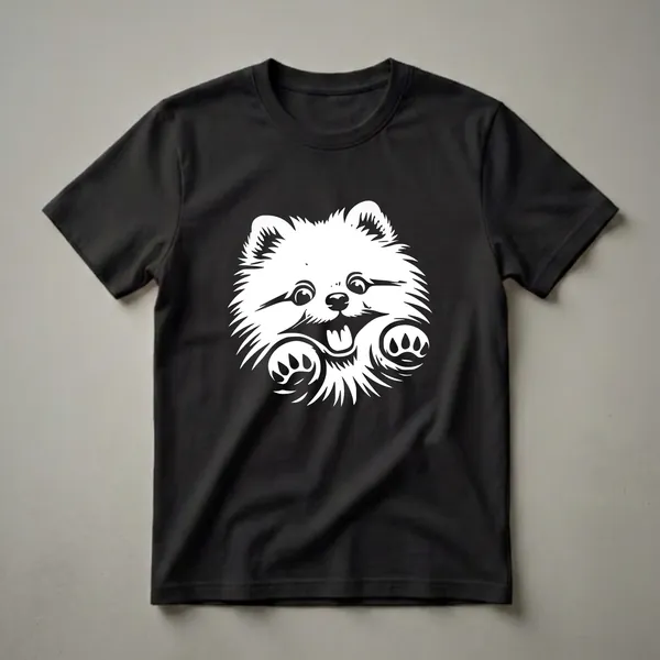 White graphic of a Pomeranian dog's face with paws raised, peeking from the bottom edge against a black background.