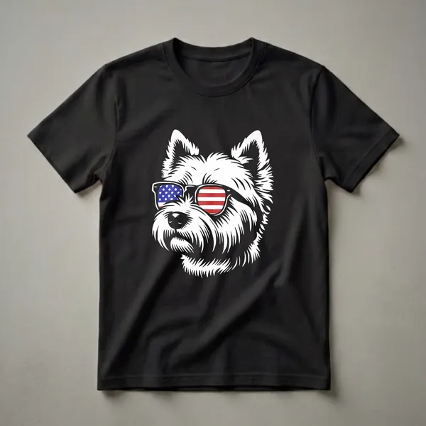 Black t-shirt with a white woodcut-style portrait of a West Highland White Terrier wearing sunglasses, left lens showing stars and right lens showing red and white stripes.