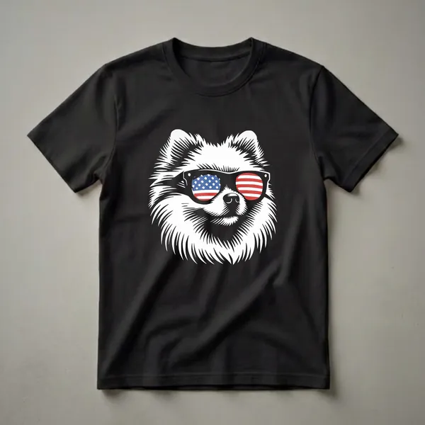 White Pomeranian dog wearing black sunglasses with the American flag design, displayed on a black background.