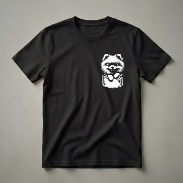 White graphic of a fluffy Pomeranian dog peeking out of a pocket, set against a black background.