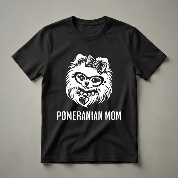 White graphic of a Pomeranian dog wearing glasses, a bow, and a heart pendant, with the text 'POMERANIAN MOM' below, on a black shirt.