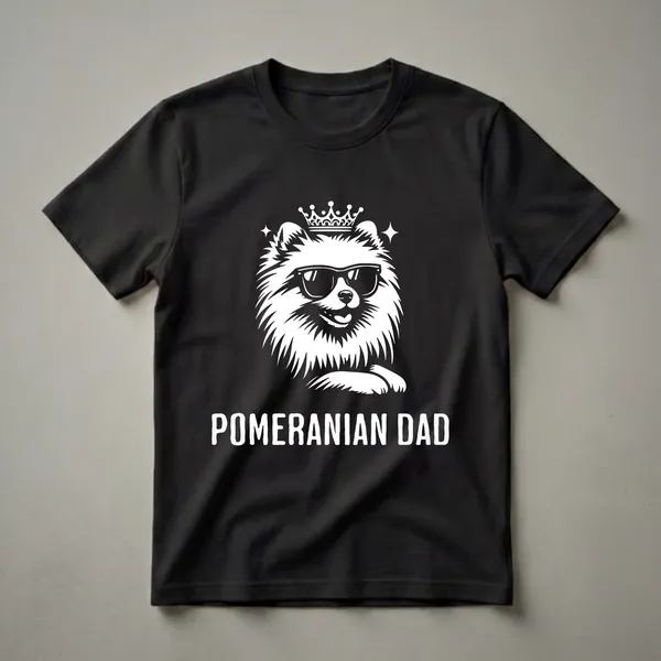 White graphic of a Pomeranian dog wearing black sunglasses and a crown, with the text 'POMERANIAN DAD' below, on a black t-shirt.
