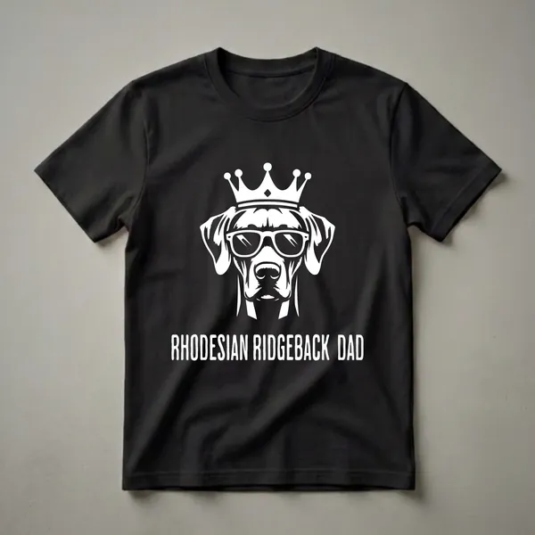 White graphic of a Rhodesian Ridgeback dog wearing a crown and sunglasses, with the text 'RHODESIAN RIDGEBACK DAD' below on a black t-shirt.