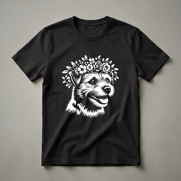 White graphic of a Border Terrier dog wearing a floral crown, set against a black background. The dog has its tongue out and appears happy.