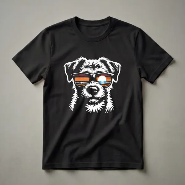 White graphic of a Border Terrier dog wearing sunglasses that reflect a sunset beach scene, on a black t-shirt.