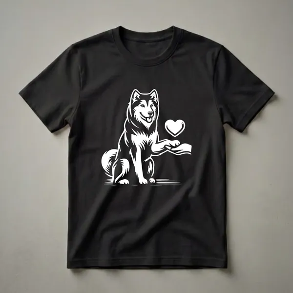 White graphic t-shirt featuring a Siberian Husky sitting with its paw extended towards a heart, with its tongue out.