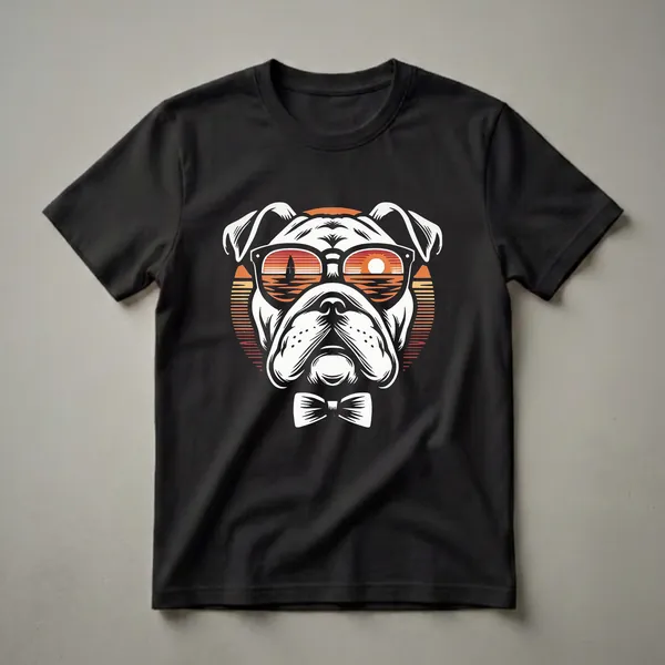 Black t-shirt featuring a white English Bulldog wearing sunglasses that reflect a sunset over the ocean with a sailboat, and a white bow tie.