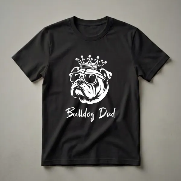 White graphic of an English Bulldog wearing sunglasses and a crown, with the text 'Bulldog Dad' below, on a black t-shirt.