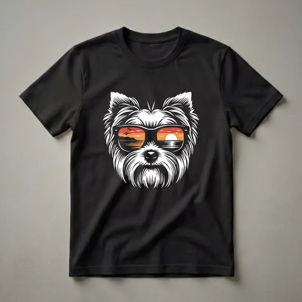 White Yorkshire Terrier dog wearing black sunglasses reflecting a colorful sunset over the ocean, on a black t-shirt.