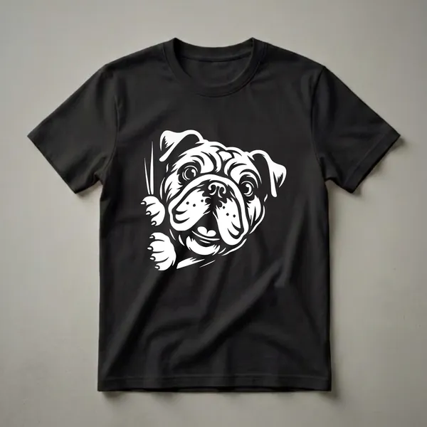 White graphic of an English Bulldog peeking from the side, showing its face and paws, on a black background.