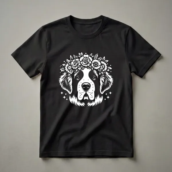White stencil graphic of a Saint Bernard dog wearing a crown of white flowers, set against a black background. Four small white stars are visible on either side of the dog's head.