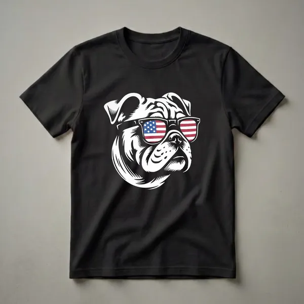 Black t-shirt with a white engraving-style English Bulldog head wearing rectangular sunglasses with red, white, and blue American flag lenses.