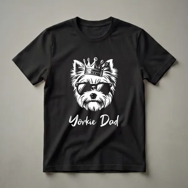 Black t-shirt with a white graphic of a Yorkshire Terrier wearing sunglasses and a crown, with 'Yorkie Dad' text below.