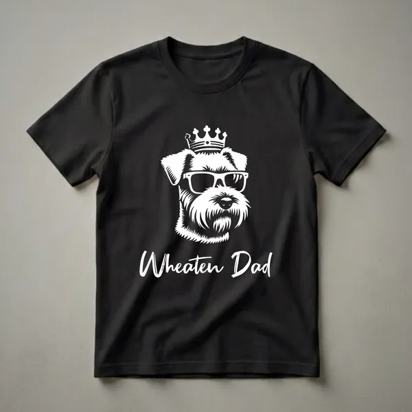 Black t-shirt with a white graphic of a Soft Coated Wheaten Terrier wearing sunglasses and a crown, with the words 'Wheaten Dad' below.