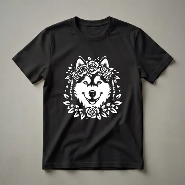 White stencil graphic of a Siberian Husky wearing a floral wreath of roses and leaves, with small hearts, on a black background.