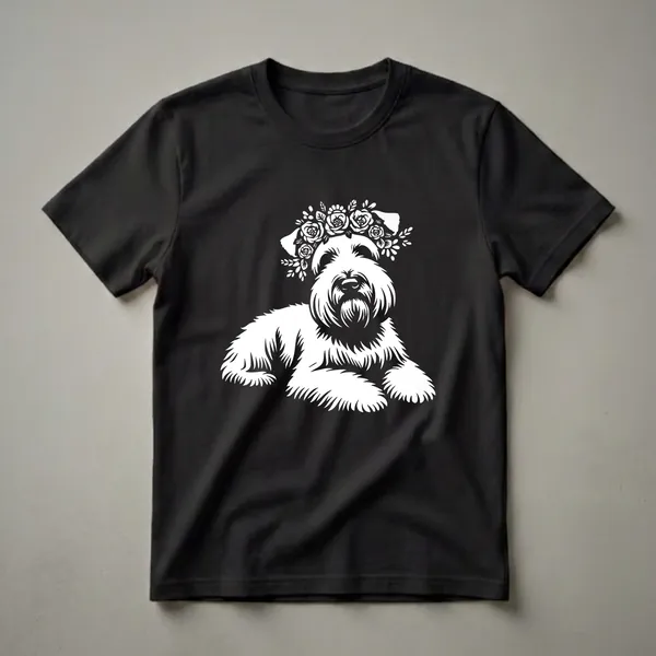 White graphic of a Soft Coated Wheaten Terrier dog wearing a crown of flowers, lying down on a black background.