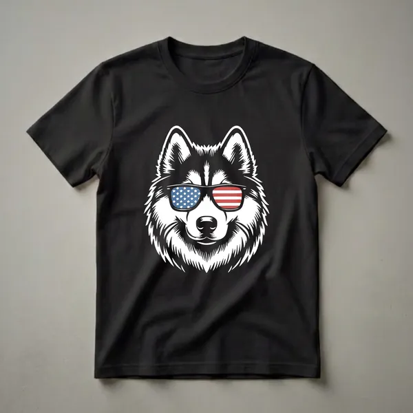 White graphic of a Siberian Husky wearing sunglasses with the American flag design, featuring stars on one lens and stripes on the other, set against a black background.
