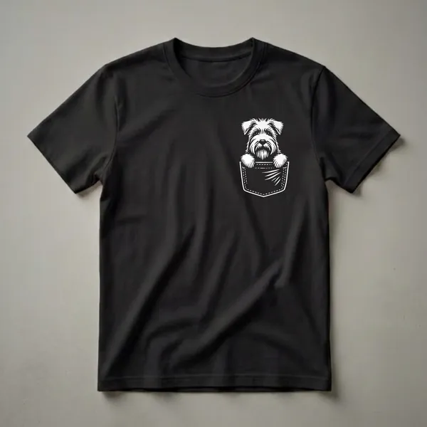 White graphic of a Soft Coated Wheaten Terrier dog peeking out of a faux pocket on a black t-shirt.