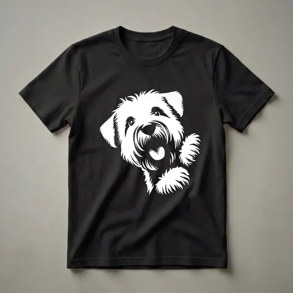 White stencil graphic of a Soft Coated Wheaten Terrier's face peeking from the left side, with its head tilted and one paw raised playfully.