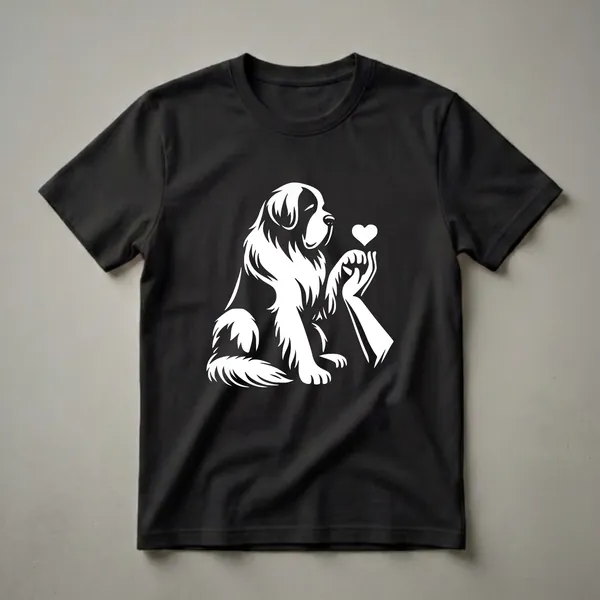 White graphic of a Saint Bernard dog sitting and looking up at a hand holding a heart, on a black background.